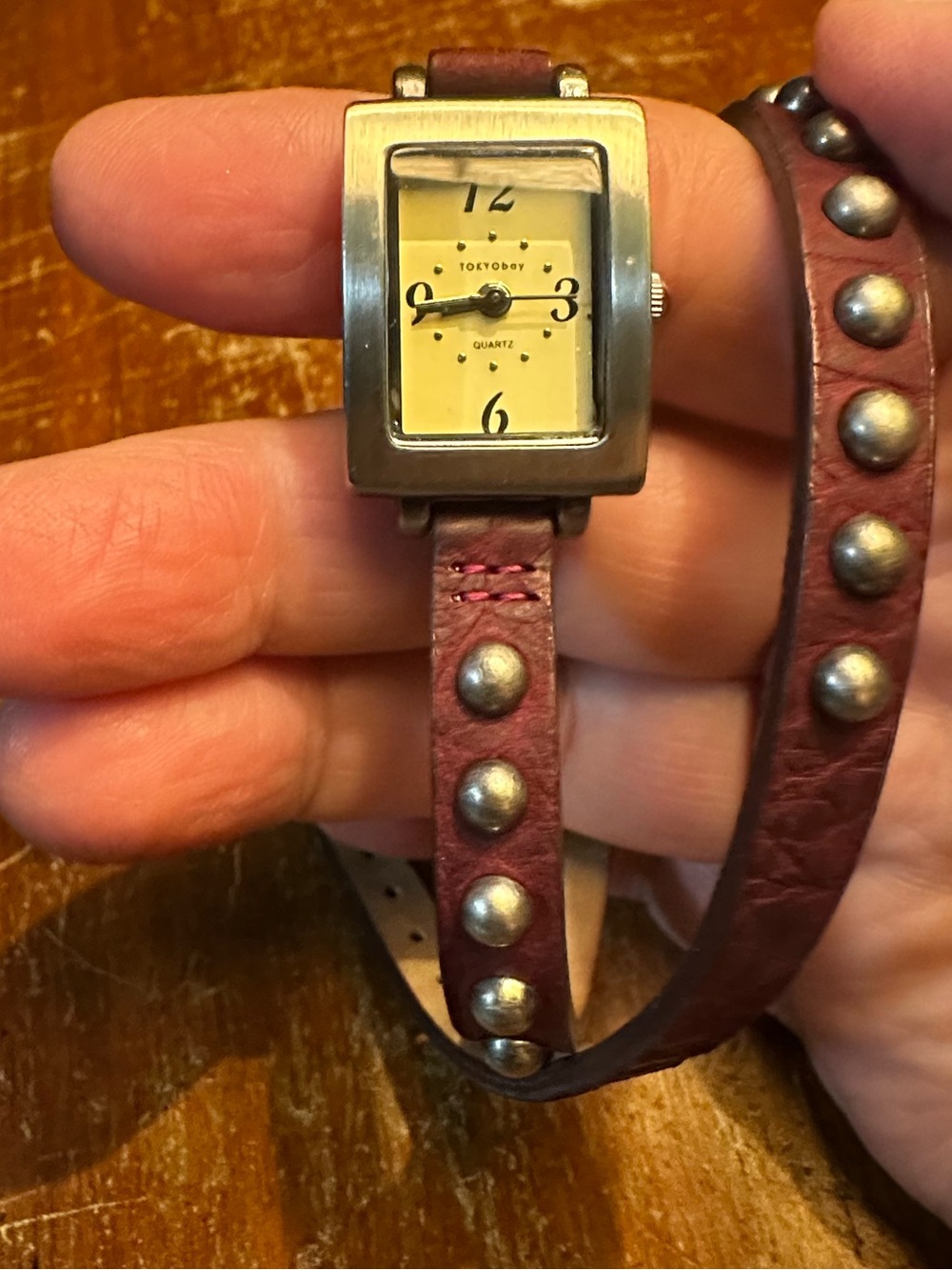 TOYKO BAY double wrap brown leather studded watch square face RUNS retro look